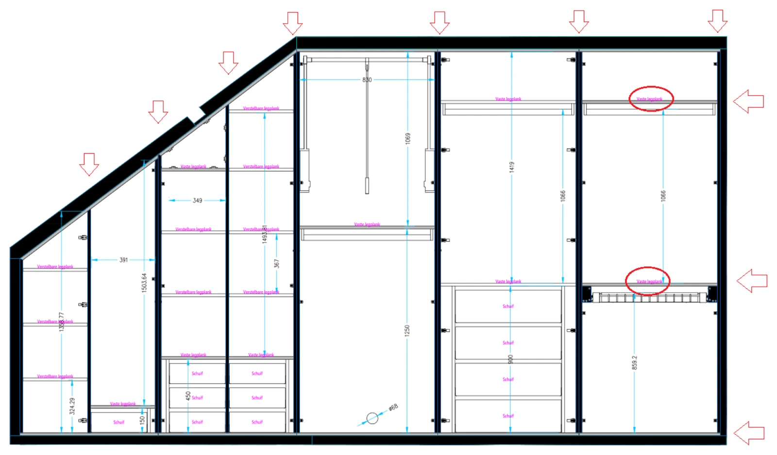 Constructieplan met pijlen op de plaatsen waar PU-schuim wordt aangebracht en de vaste legplanken omcirkeld